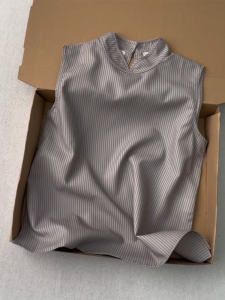 New Chinese Style Unique Sleeveless Shirt Cool Striped Stand Collar Summer Top for plus Size Women Comfortable Breathable Casual Wear