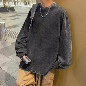 American Retro Pure Cotton Long Sleeves T-shirt Mens Autumn Ins Trendy High Street Washed Distressed Couple Heavy Weight Bottoming Shirt