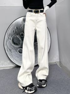 Casual Loose Womens Fleece Lined Light Wash Denim Jeans High Waist Straight Leg Wide Leg Pants Slimming Floor Length