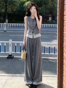 ZHENMANZI | Lightly Mature Gray Lace Patchwork Vest Set Wide Leg Pants
