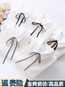 Áo Sơ Mi Trắng Nữ Tay Dài Cổ Polo Nơ Thắt Lưng Áo Khoác Ngoài Phong Cách Đại Học Tay Loe Thường Ngày Rộng Rãi Chất Liệu Khác