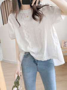 เสื้อเชิ้ตคอปกเด็กผู้หญิงสีขาวสไตล์ฝรั่งเศสสำหรับฤดูร้อนปี 2023 เสื้อเชิ้ตแขนสั้นคอโปโลทรงตรงสำหรับผู้หญิงไซส์ใหญ่