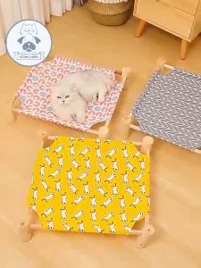 CHONG CHONG Pet Wooden Elevated Cat Bed House Cats Hammocks Beds Wood Canvas Dog Lounge Bed for Small Dogs