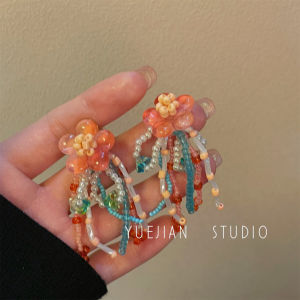 Nine Pick Wine ~ Chinese Ancient Style Flower Tassel Mosquito Coil Ear Clip Female Tea Earrings Fairy Han Chinese Clothing Accessories Chinese Fad Earrings