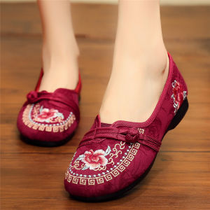Giày Đơn Thêu Đế Mềm Thoải Mái Dành Cho Phụ Nữ Cao Tuổi Giày Đế Bằng Phong Cách Trung Quốc Truyền Thống Cotton Vải Bông Giày Lót Trơn
