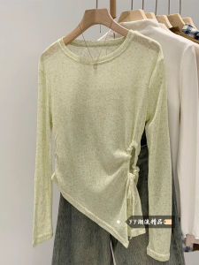 เสื้อเชิ้ตผู้หญิงฤดูหนาวสีเขียวบางโปร่งใส ปกเสื้อถัก ดีไซน์ไม่สมมาตร สวยงาม เสื้อเชิ้ตทรงเข้ารูป แขนยาว ปกติ