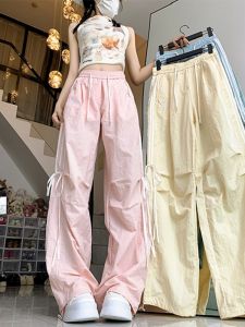 American Style Ice Silk Quick Dry Work Trousers Women Summer Thin Straight Leg Wide Leg Casual Paratrooper Pants High Waist Long Pants