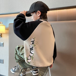 Boys Casual Hoodie Spring Autumn Cartoon Panda Print round Neck Pullover Trendy Kids Fashion Comfortable Cotton Sweatshirt