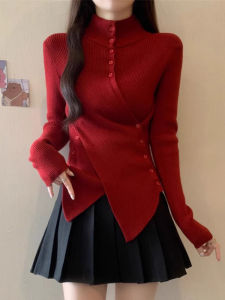 เสื้อสเวตเตอร์คอปกสูงสีแดง แขนยาว ทรงหลวม สำหรับผู้หญิงไซส์ใหญ่ เสื้อชั้นในรัดเอว เสื้อผ้าทำงานสไตล์เกาหลี ฤดูใบไม้ร่วง