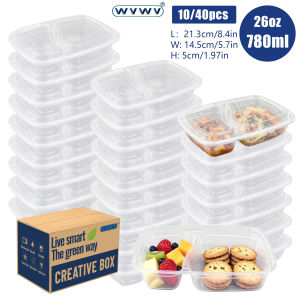 10/40Pcs 780ml Two-Compartment Plastic Lunch Box/Food Storage Box Reusable Stackable/With Lid for Fast Food Snacks Preservation Microwave/Dishwasher/Refrigerator Safe Suitable for Picnics School Office Takeout