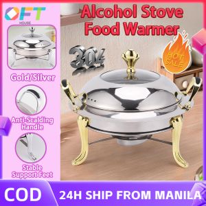 Stainless Chafing Dish Food Warmer With Cover Round Food Warmer With Lid Alcohol Stove Hot Pot With Anti-Scalding Handle Buffet Tray 18/24cm Heater Server Fuel Holder Tray Removable Small Chafing Dish No power safety For Household Camping Party