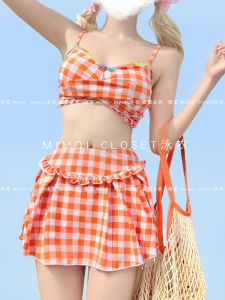 ชุดว่ายน้ำสองชิ้นแขนกุดลายส้ม Dopaamine Mimoi Closet สำหรับผู้หญิง ชุดว่ายน้ำสไตล์น้ำพุ ชุดว่ายน้ำฤดูร้อน 2024