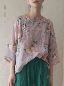 Retro Style Cotton Linen Shirt New Summer Vintage Print Slanting Lapel Zen Meaning Tea Clothing Womens Loose Fit round Neck Short Sleeve