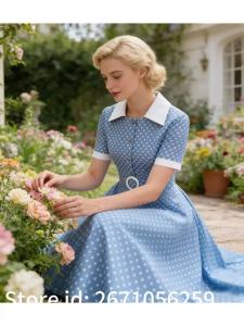 Junxi Wan | Vintage Womens Summer Dress Polka Dot Peter Pan Collar Sweet Short Sleeve A-Line for Diner & Party