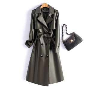 Spring Autumn New Style Haifeng Genuine Leather Jacket Womens Mid-Length Slim Fashionable Leather Windbreaker Korean Version Slimming Leather Coat