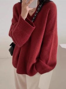 Christmas Red Bear Fur V-Neck Sweater Womens Autumn Winter Outerwear Soft Cozy Lazy Style Knitted Shirt Commute Loose Fit