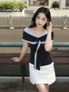 YUEZHONGWEI | Sleeveless Summer Knit Top College Style Collar Contrast Slim