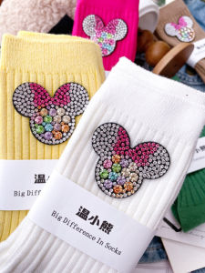 K-style Cartoon Three-Dimensional Rhinestone Beige Mouse Head Socks Pattern Stylish Ins Fashion Outwear Middle Tube Cotton Socks
