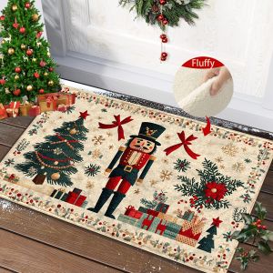 VIKAMA Nutcracker Christmas Bath MatsCartoon Soldier Xmas Pine Tree Bath Rug for Kids Teens Adults Bathroom Home Decoration