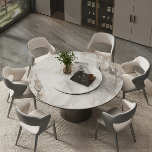 FPS FANPOSEN | Italian Style Natural Crystalline Stone Round Dining Table with Turntable Chair
