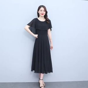 T&KE Elegant Dress Women Dinner Party Korean Chiffon Plain Short Sleeve Plus Size Maxi Dress