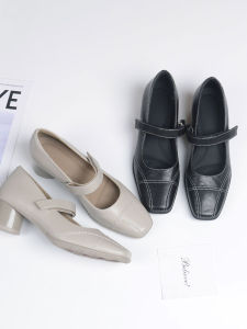Spring and Autumn Soft Sole Square Toe Mid Block Heel Genuine Leather Shoes Gray