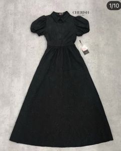 P005-007 PIMNADACLOSET - Black Floral Embossed A-Line Dress