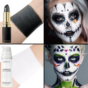 Bộ Phấn Nền Trắng Tinh Khiết & Son Bóng Đen Dành Cho Trang Điểm Sân Khấu Cosplay Kiểu Hề Tiệc Halloween Pha Màu Sơn Body Dạng Lỏng