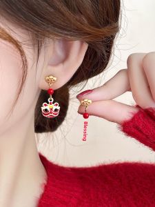 Red Asymmetric New Year Lion Wake up Ear Studs Womens Fashion Jewelry Ear Cuff Unique Design Alloy Silver Gold Plated