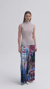 กางเกงขาม้าเอวสูงพิมพ์ลายวินเทจสำหรับผู้หญิงกางเกงลากพื้นผ่าข้างสำหรับฤดูร้อน