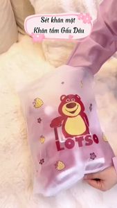 Set 2 Khăn Gấu Dâu LOSTO Siêu Mềm Mịn Thấm Hút Tốt Kèm Túi Zip - Bộ 2 Món Khăn Mặt