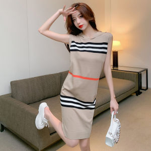 Spring Summer Womens Knitted Loose Dress Stripe Pattern Hoodie Style Korean Fashion Sweetness Slimming Midi Dress Trendy