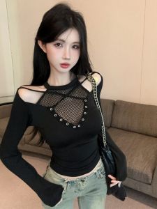 GUZILIAN | American Style Hot Girl Cross Shoulder Top Womens Autumn Winter Fake Two-Piece Base Shirt Inner Wear High-End Sensation Outdoor Wear