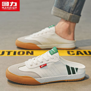 รองเท้าแตะผู้ชายผ้าใบ Warrior ทรงสวมครึ่งนิ้ว รองเท้าแตะแบบสวมสบายในช่วงฤดูร้อน รองเท้าลำลอง รองเท้าสวมสบาย พื้นนุ่ม ระบายอากาศได้ดี