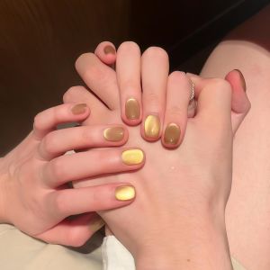 Short Nail Tips Amber Cats Eye Design Easy Wear And Remove False Nails Long Lasting Wearable Nail Art Stickers DIY Beauty Tools