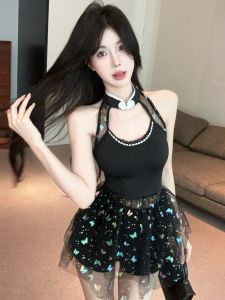 GUZILIAN | Retro Style Pure Desire Spicy Girl Neck Hanging Button Backless Top Mesh Butterfly Sequin Splicing Puffy Vest Trendy Korean Version Slim Fit Summer Thin Material Small Vest For Young Women 18-24 Years Old