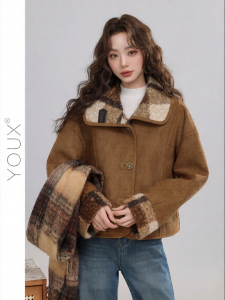 YOUXIANG | Áo Khoác Lông Nâu Rộng Cổ Phong Cách Retro