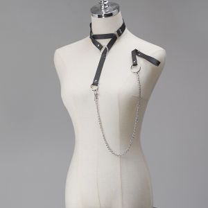 Black Leather Choker Necklace with Silver Chain Leash - Gothic Punk Collar for Women Adult Roleplay Costume Accessory