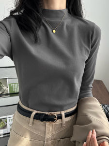 เสื้อยืดคอกลมแขนยาวผ้ากำมะหยี่ทรงสลิมฟิตสำหรับผู้หญิง เสื้อชั้นในฤดูใบไม้ร่วงและฤดูหนาว สีขาวและสีดำ เสื้อยืดคอกลมสำหรับใส่ลำลอง ผ้าฝ้ายผสมยืดหยุ่น