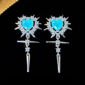 SEQUITO Gorgeous Bridal Wedding Party Ear Jewelry Heart Stoens Settings AAA Zirconia Cross Pendant Dangle Long Silvery Earrings SE1011