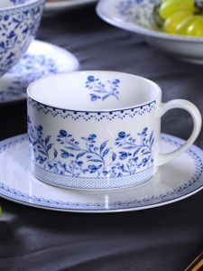 Elegant European Style Bone China Dining Set Simple Blue And White Coffee Cup Plate Dishware Lightweight Luxury Home Use