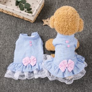 ชุดเดรสสั้นผ้าฝ้ายระบายอากาศได้ดีสำหรับแมวและสุนัข ทรงเจ้าหญิง ลายแมวสีน้ำเงิน ทรงบาง น้ำหนักเบา น่ารัก ป้องกันการหลุดร่วง