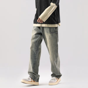 New 2024 Trendy Vintage Mens Jeans Loose Straight Leg High Street Casual Long Pants Wear Resistant Youth Popular Daily Wear