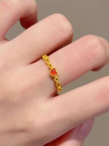 24K Gold Honey Powder Enamel Heart Ring for Women Vintage Court Style Simple Versatile Ancient Method Ring Original Design Alloy