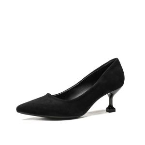 Womens Black Suede Stiletto Pointed-Toe Heels Professional Low-Cut Fashion Pumps for Daily Commute & Work