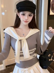 GUZILIAN | Navy Collar Knitted Sweater Women Short Style Inner Wear Striped Shirt Base Layer Autumn Winter Sweet Spicy Girl College Style