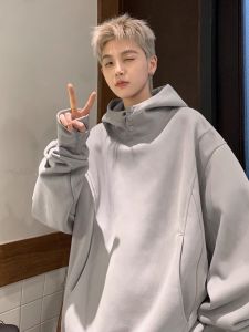 Vintage American Style Mens Hoodie Autumn New Heavy Button Loose Jacket Casual Comfortable Sweatshirt Youth Trendy Solid Color