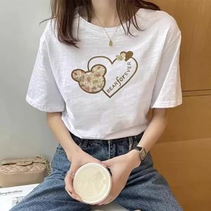 White Bamboo Cotton Loose Printed Short Sleeve T-Shirt