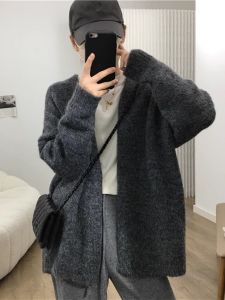 เสื้อคาร์ดิแกนถักยาวปานกลางทรงหลวมสไตล์วินเทจสำหรับผู้หญิง แฟชั่นลำลอง หนา ทรงพอดีตัว สีสันสดใส ฤดูใบไม้ผลิและฤดูใบไม้ร่วง