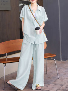Shalldoer | Loose Casual Set Korean Style Women Summer Pure Color Simple Polo Collar Short Sleeve Shirt Straight Leg Wide Pants Two Piece Set